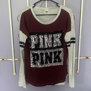 PINK Victoria Secrets Long Sleeve Shirt with Sequins, grey & purple size medium